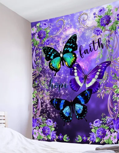 Miniatura 5 de LB Tapiz pequeño de mariposa colorido para colgar en la pared, diseño psicodélico de flores silvestres 3D, mariposas de fantasía floral, arte