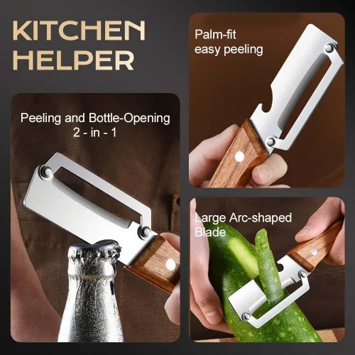 Miniatura 4 de Pelador de verduras con mango de madera, pelador de frutas multifuncional para cocina, pelador de cuchillas de acero inoxidable con abridor de (3pc)