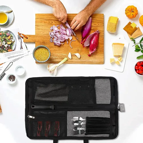 Miniatura 9 de Bolsa de rollo para cuchillos de chef, bolsa de cuchillo de chef Oxford resistente, estuche portátil para cuchillos de chef de 13 ranuras, Gris