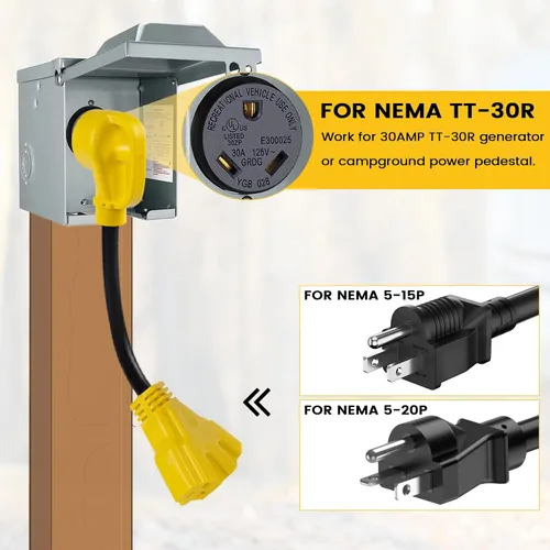 Miniatura 3 de Adaptador de 30 amperios a 20Amp 110V – Enchufe de distribución RV de 1.5 pies NEMA TT-30P macho a 3X 5-15/20R hembra RV cable adaptador