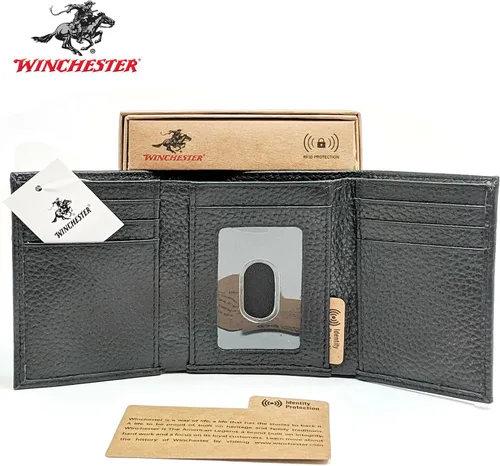 Miniatura 2 de Winchester Billeteras Trifold para hombres de cuero de vaca de grano completo bloqueo RFID con ventana de identificación cartera compacta