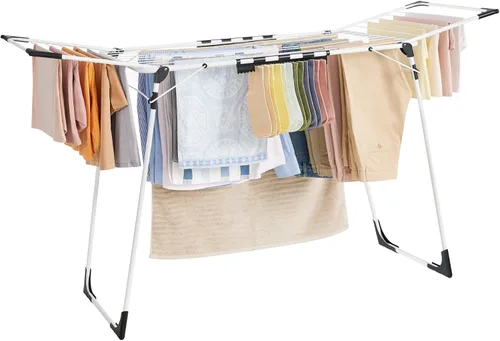 SONGMICS ULLR518W01 - Escurridor de ropa plegable, con alas de gaviota, ahorro de espacio, 22.2 x 68.1 x 38 pulgadas, clips para calcetines, Blanco