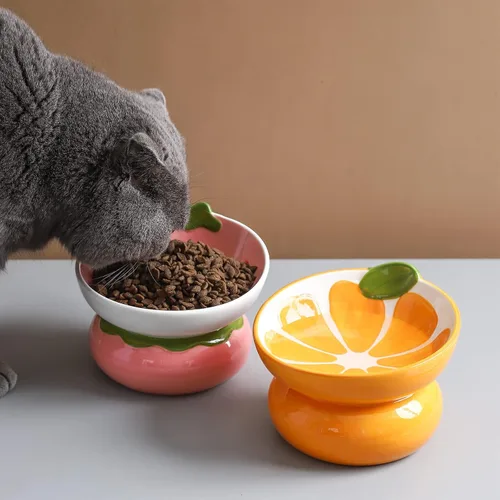 Miniatura 5 de Tazón de Comida para Gatos de Cerámica Elevado/Alzado para Gatos de Interior, Anti Vómito y Protege la Columna Vertebral de la Mascota, Lindo Plato