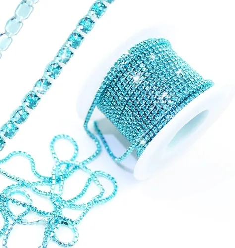 PEARLY JUN 10 yardas de cadena de diamantes de imitación azul con adorno de diamantes de imitación aguamarina, adorno de cristal de piedra