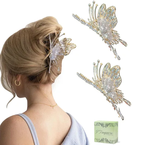 Miniatura 13 de Grandes pinzas de mandíbula de metal antideslizantes con mariposa brillante para mujeres - Agarre fuerte y bonito, accesorios para el cabello