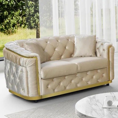 Miniatura 18 de DAMAIFROM Juego de sofá de terciopelo de lujo beige y dorado, moderno de mediados de siglo, sofás Chesterfield copetudos y patas doradas, juego de 2