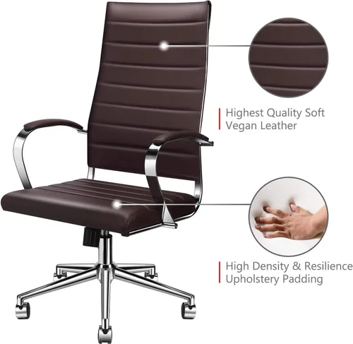 Miniatura 6 de Silla de oficina marrón con reposabrazos, silla giratoria ajustable en cuero vegano duradero, silla de escritorio ergonómica para respaldo adicional