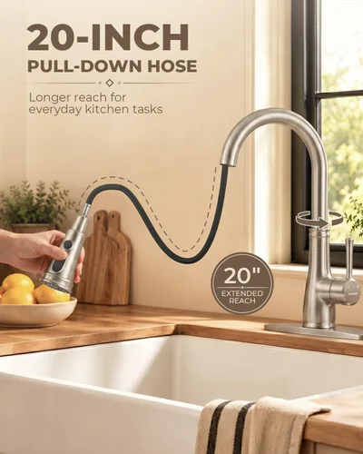 Miniatura 2 de Grifo de cocina con aerosol -WEWE de un solo agujero para fregadero de cocina con placa de cubierta, Plateado, A100806BN Níquel cepillado