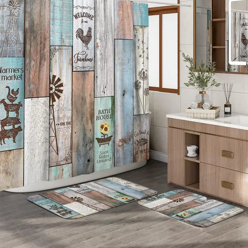 Juego de baño estilo granja de 3 piezas con cortina de ducha y alfombras, cortina de ducha de 72'' y dos alfombras de baño antideslizantes lavables