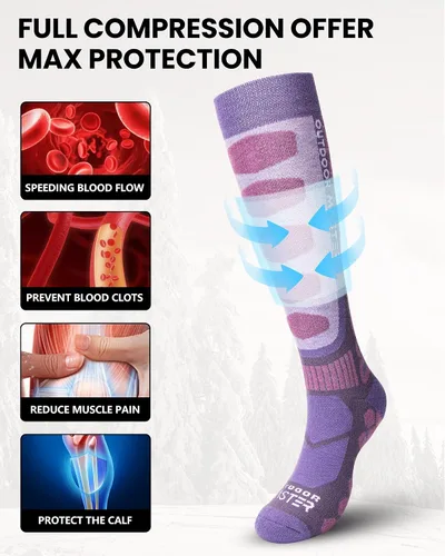 Miniatura 4 de OutdoorMaster Calcetines de esquí de lana merina, 23 pares sobre la pantorrilla, puños antideslizantes para hombres y mujeres, calcetines térmicos