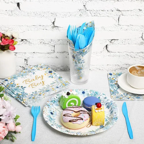 Miniatura 6 de Bokon Juego de 300 platos de elefante para baby shower, para 50 vajillas, incluye platos, servilletas, tenedores, cucharas, cuchillos, elefante