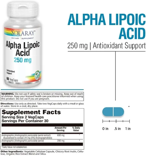 Miniatura 2 de SOLARAY Ácido alfa lipoico 250 mg - 60 cápsulas vegetales - Actividad antioxidante saludable y apoyo energético - Sin OMG y vegano