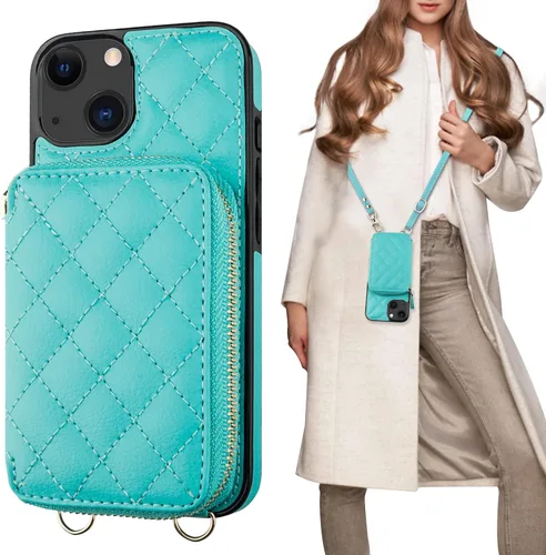 Miniatura 14 de Bocasal Funda tipo cartera con bandolera para iPhone 13, de cuero PU con bloqueo RFID, con cierre de cremallera, cartera tipo bolso con función Gris