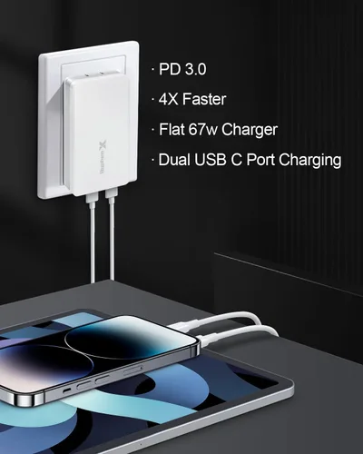 Miniatura 2 de Cargador de pared plano tipo C, bloque de carga de pared USB C plano de 67 W, bloque de carga rápida delgado con enchufe plegable, adaptador