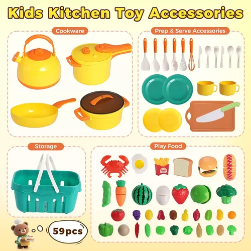 Miniatura 6 de LovesTown Juego de Comida de Juguete de 59 Piezas para Niños Pequeños, Ollas y Sartenes de Juguete Amarillas para Niños con Cesta, Juguetes