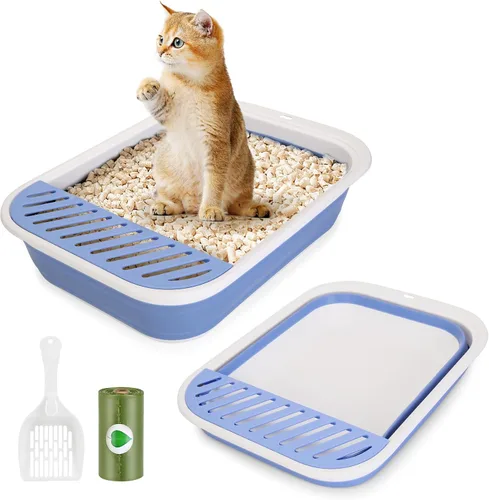 ShineMe - Caja de arena plegable para gatitos, caja de arena pequeña para gatos con pala y bolsa de arena, impermeable, antisalpicaduras para gatos