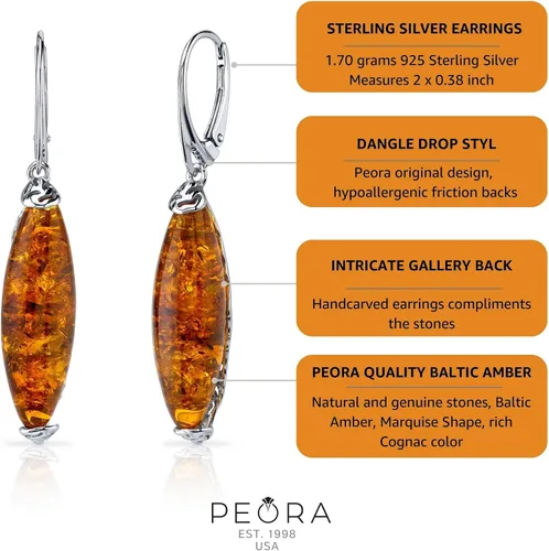 Miniatura 5 de Peora - Collar y pendientes con colgante de ámbar báltico en plata de ley, color coñac