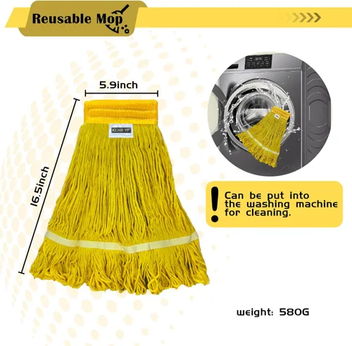 Miniatura 7 de Cabezal de trapeador industrial húmedo de alta resistencia, cabezal de trapeador amarillo de 21 onzas, de repuesto, de algodón, lavables