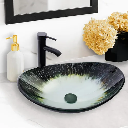 Miniatura 8 de Lavabo de Recipiente Lavabos de Baño Vidrio Templado Azul Cuenca de Arte 20.8"x13.7" Cuenco Ovalado Sobre Encimera con Grifo y Desagüe Pop-Up Combo