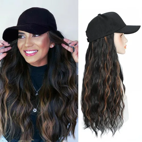 Miniatura 16 de Gorra de béisbol con peluca de cabello largo ondulado natural, con gorra, resistente al calor, mezcla sintética marrón rubio, fibras ajustables