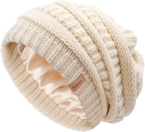 Miniatura 46 de FURTALK Gorro de invierno para mujer, con forro de satén, tejido trenzado, grueso, holgado, gorro cálido