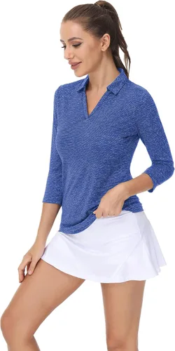 Miniatura 3 de TrendiMax Paquete de 2 camisetas polo de golf de manga 34 para mujer, cuello en V, absorbe la humedad, camisetas deportivas para entrenamiento