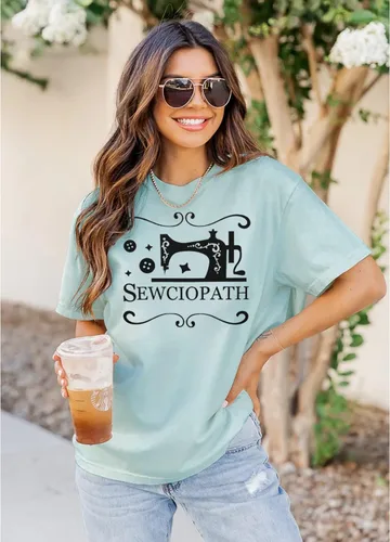 Miniatura 2 de GLIGLITTR Camiseta de mujer para amantes de la costura con estampado de costura, divertida máquina de coser con cuello redondo, manga corta, casual