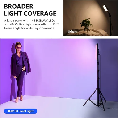 Miniatura 4 de NEEWER RGB168 Panel de Luz LED RGB de Video de 18.3" con Control de Aplicación, Kit de Soporte de Trípode de 2 Paquetes, 60W/360°