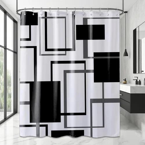 Miniatura 46 de Cortina de Ducha en Blanco y Negro Geométrica Cortinas de Ducha para Decoración de Baños de Hombres Juego de Cortina de Baño en Negro Blanco y Gris