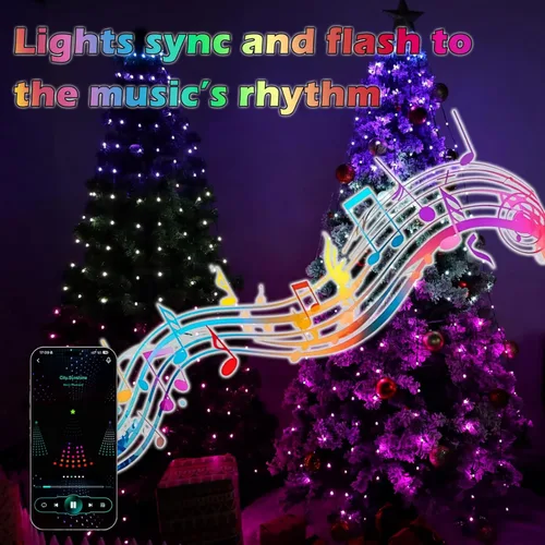 Miniatura 3 de Guirnalda de luces para árbol de Navidad, 200 LED, 6.6 pies x 10 líneas, luces de cascada con control remoto y aplicación, sincronización de música