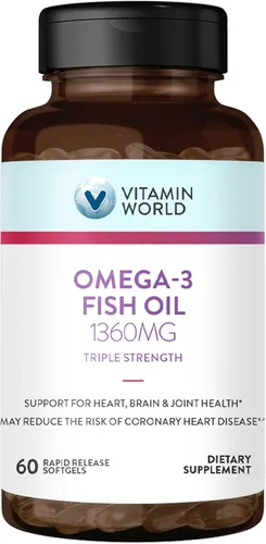 Vitamin World Suplemento de aceite de pescado Omega 3 Triple Strength de 1360 mg, 950 mg de ácidos grasos omega-3 activos con EPA y DHA, apoya la
