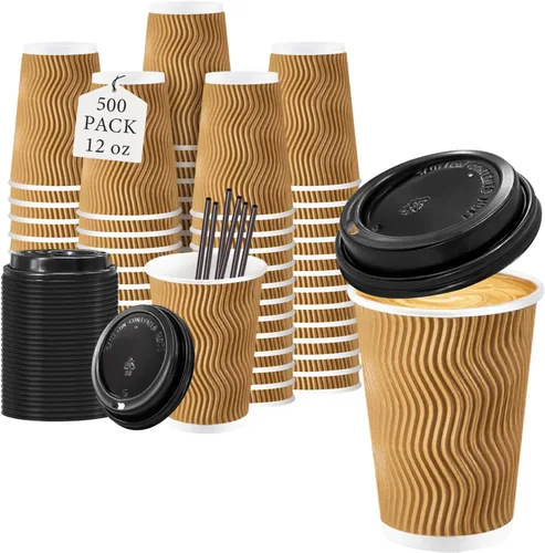Miniatura 8 de Lamosi Tazas de café desechables de 8 onzas con tapas, paquete de 50 tazas de papel con aislamiento para llevar, con tapas y popotes, taza de pared