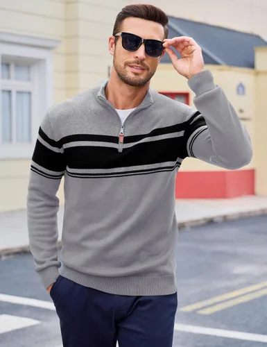 Miniatura 46 de MAGCOMSEN Suéteres de algodón con cremallera de 1/4 para hombre, suéter tipo polo, a rayas, para otoño e invierno, sudaderas cálidas