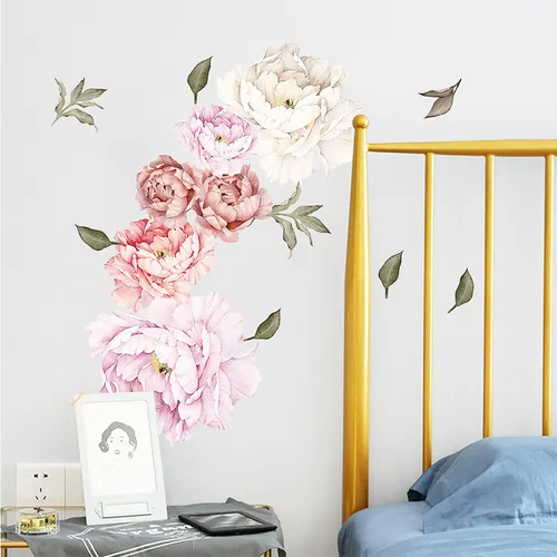 Miniatura 6 de Calcomanías de pared de flores de peonías, acuarela, elegantes calcomanías de pared florales para habitación de niñas, flores de peonía, carteles
