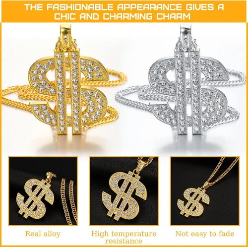 Miniatura 4 de Collar de cadena chapada en 4 piezas para hombre con colgante de signo de dólar, collar de dólar