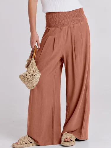 Miniatura 2 de Caracilia Pantalones palazzo de lino para mujer, estilo bohemio, pierna ancha, cintura alta, fruncidos, informales, con bolsillo