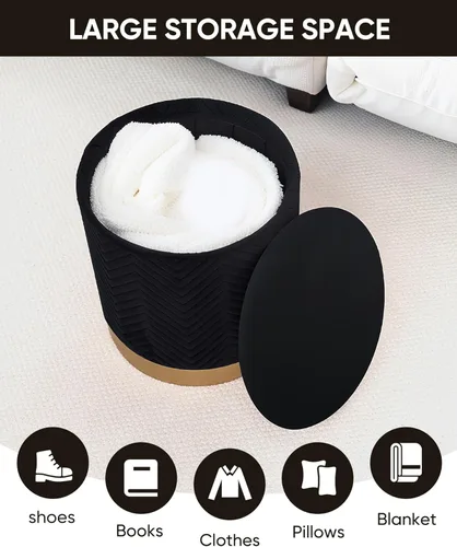 Miniatura 2 de B FSOBEIIALEO Otomana con estraje, otomana redonda de terciopelo con base chapada en oro, taburete reposapiés para dormitorio, sala de estar, negro