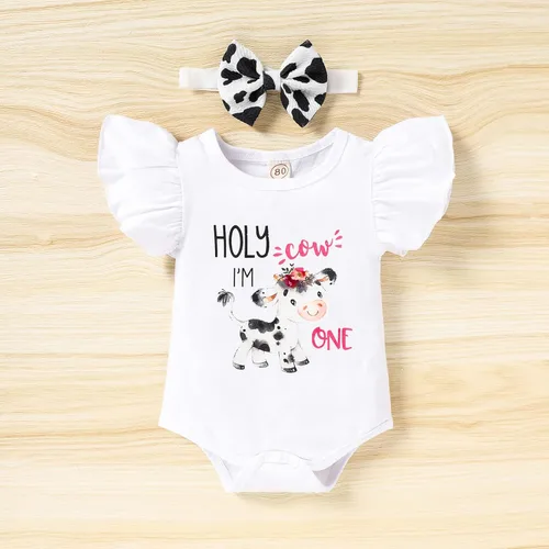 Miniatura 15 de Conjunto de ropa para bebé niña de 1er cumpleaños con mangas con volantes + pantalones cortos estampados + diadema para tartas