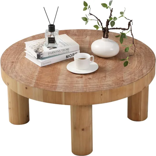 Miniatura 9 de RUSTOWN Mesa auxiliar redonda de 2 piezas, juegos de mesa auxiliar rústica, acabado de anillo de madera circular con patas de madera maciza, juego