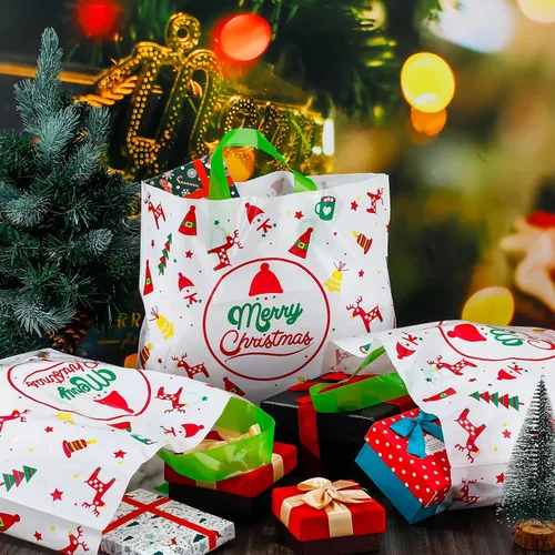 Miniatura 5 de Fulmoon 200 bolsas de regalo de Navidad extragrandes de plástico con asas, reutilizables, mercancía, compras, venta al por menor, bolsas
