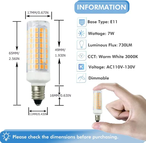 Miniatura 2 de [Paquete de 5] Bombilla LED E11 de 7 W, regulable, base de mini candelabro, equivalente a halógeno, equivalente a 75 W, bombilla de maíz T3/T4 JD