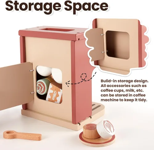 Miniatura 4 de BUYGER Cafetera de juguete para niños, juego de café de madera, juego de juegos de simulación, accesorios de cocina, regalos para niños de 3, 4 y 5