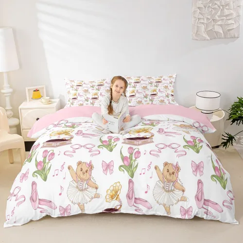 Juego de funda para edredón con moño rosa de princesa para niños, tamaño individual, zapatos de ballet y oso bailarín: juego de ropa de cama de