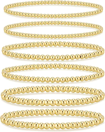 Miniatura 29 de adoyi - Pulseras de oro para mujer, impermeables, con cuentas de bolas chapadas en oro de 14K, pulseras ajustables apilables para regalos