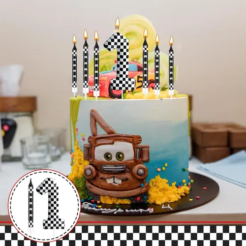 Miniatura 4 de 13 piezas de velas temáticas de coches de carreras para cumpleaños en negro y blanco con número de carrera 1 a cuadros, velas para tarta de coche