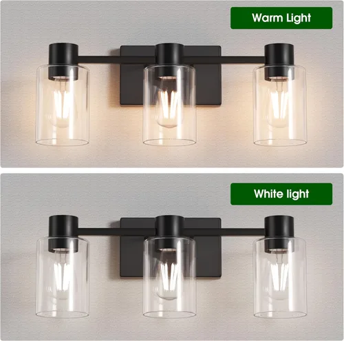 Miniatura 8 de Apliques de pared negros mate de 3 luces para baño, modernas lámparas de tocador sobre espejo, lámparas de baño con pantalla de vidrio transparente