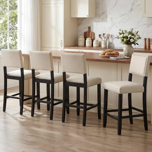 Miniatura 4 de LSSBOUGHT Taburete de bar tapizado de tela de lino con patas de madera de goma, silla de bar con ribete clavado para isla de cocina