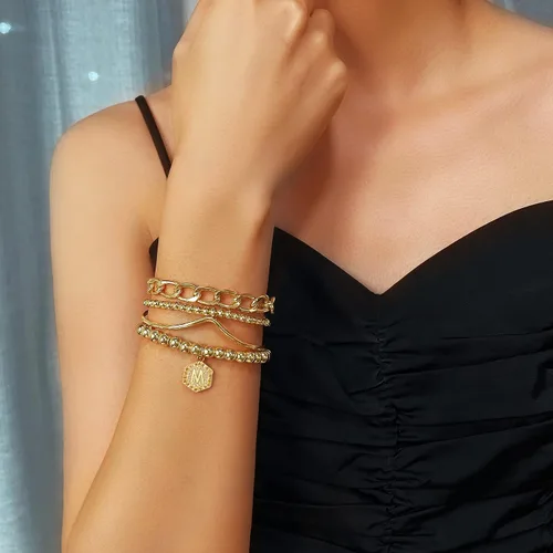 Miniatura 5 de Elegance 11 designs Pulsera de cuentas apilable chapada en oro de 14 quilates, pulseras elásticas gruesas para mujer, regalo con colgante hexagonal