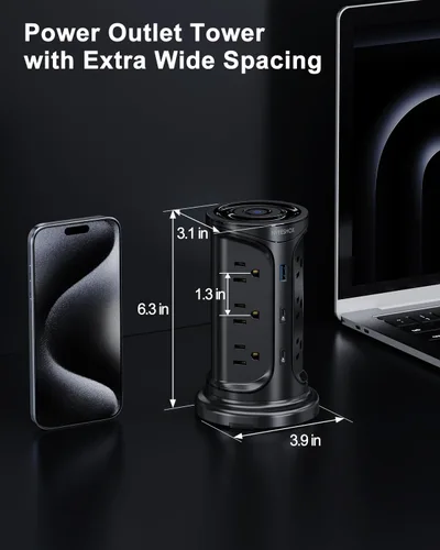Miniatura 7 de Regleta de Protección contra Sobretensiones Torre Enchufe Plano con 12 Tomas de CA 3 Puertos USB (2 Tipo C), Cable de Extensión Ultra Plano de 6.5