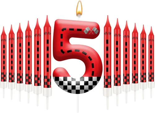 Miniatura 9 de 13 piezas de velas temáticas de coches de carreras para cumpleaños en negro y blanco con número de carrera 1 a cuadros, velas para tarta de coche